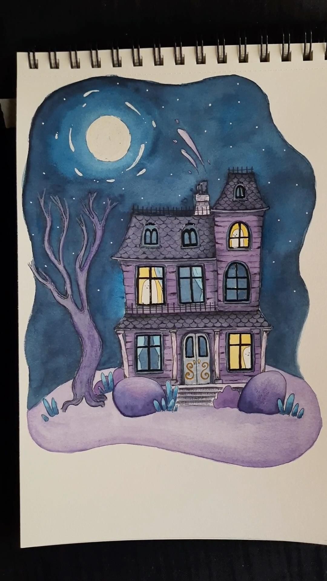 Haunted house with cute ghost in the windows illustration
