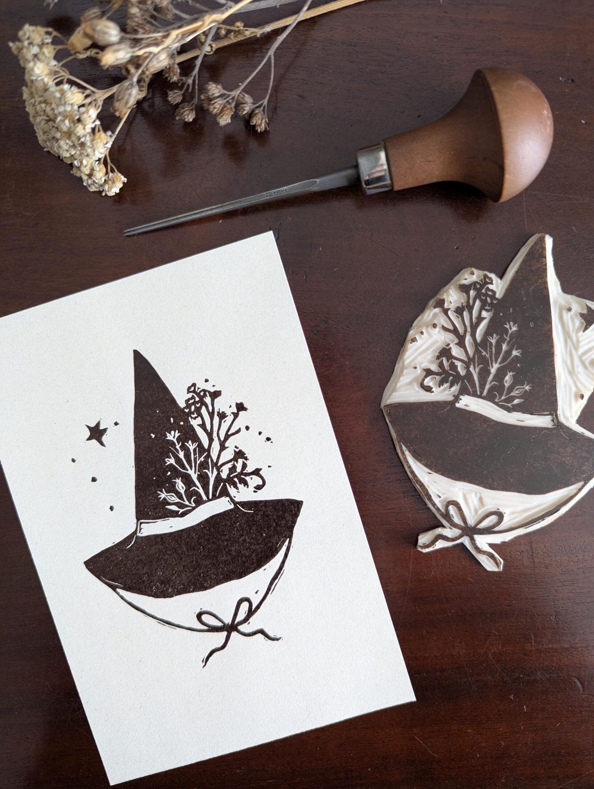 Wildflower Witch – Black Witch’s Hat Lino Print | Botanical Halloween Wall Art