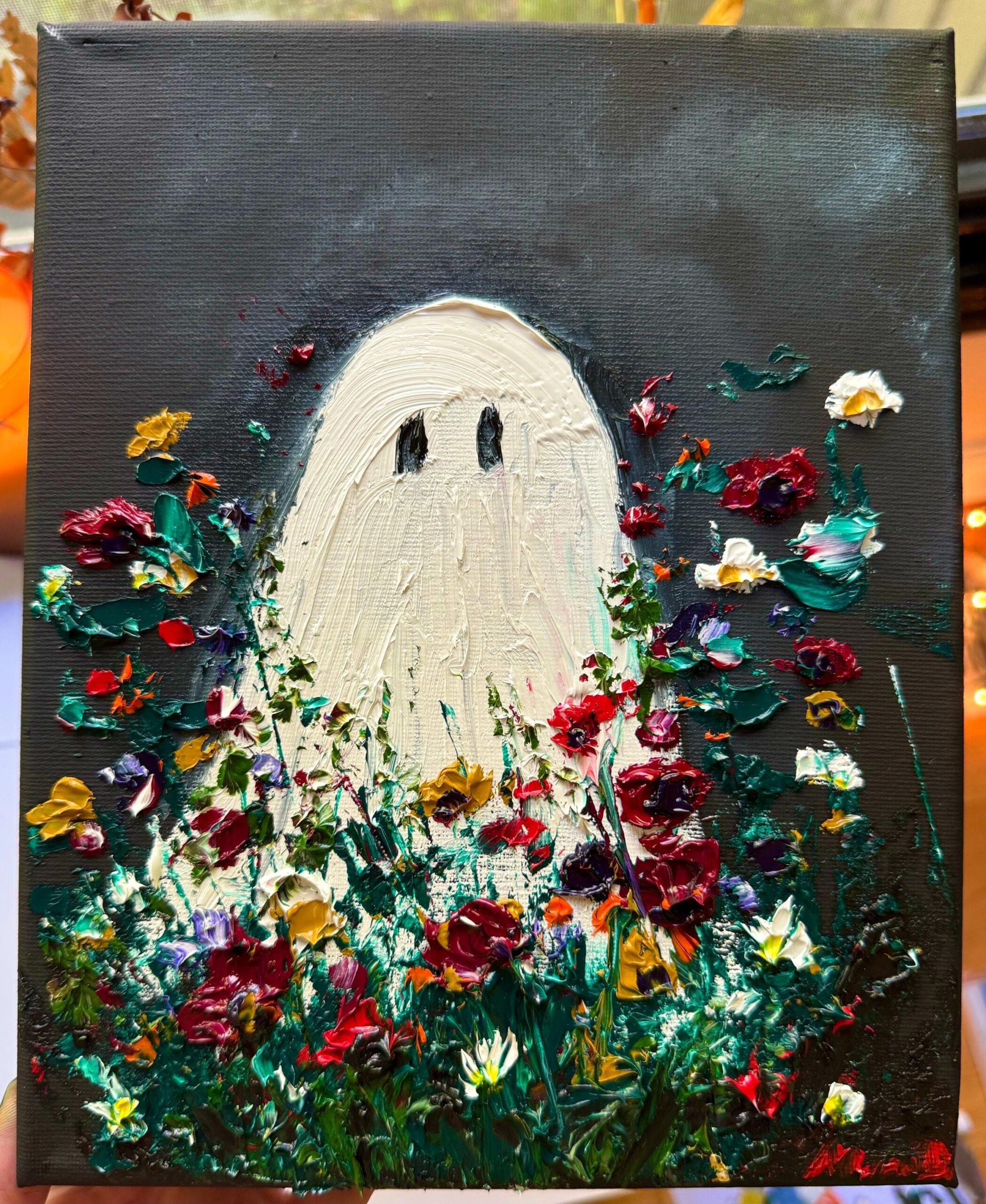 Mystical Haunted Forest Canvas Oil Painting Halloween Canvas Wall Art Flower Ghost Painting  Ghost in Decor Gift Ready to Hang