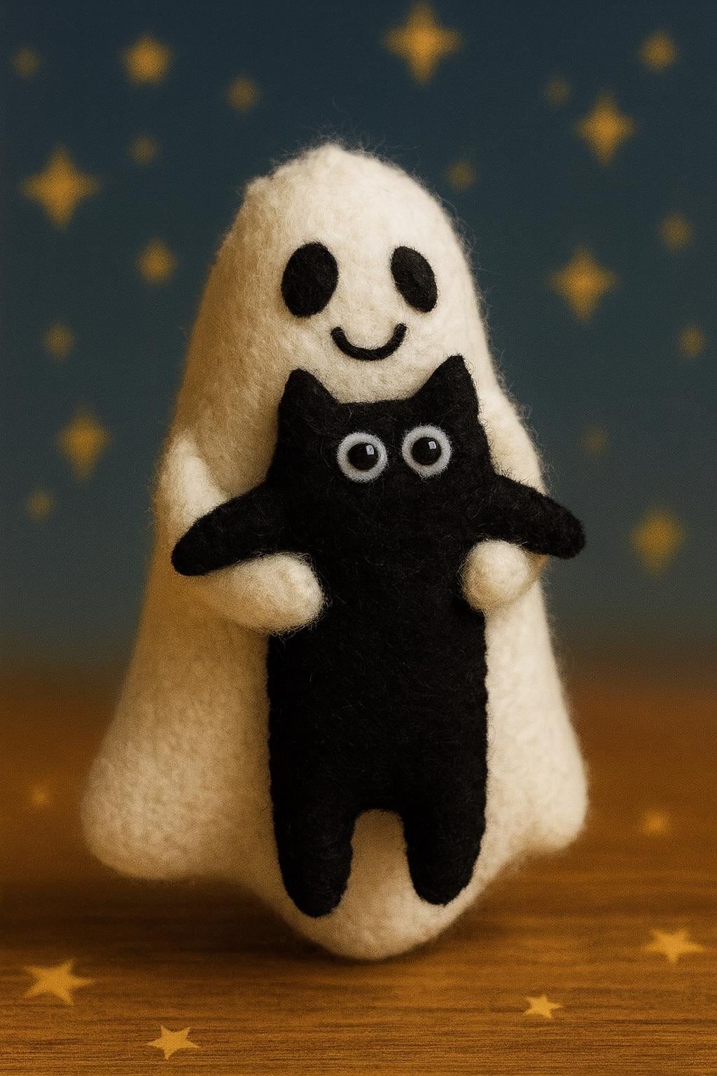 Ghost Plush with Black Cat | Handmade Felt Halloween Decoration | Cute Spooky Plush Toy | Wool Felt Ghost Decor | Halloween Gift Idea