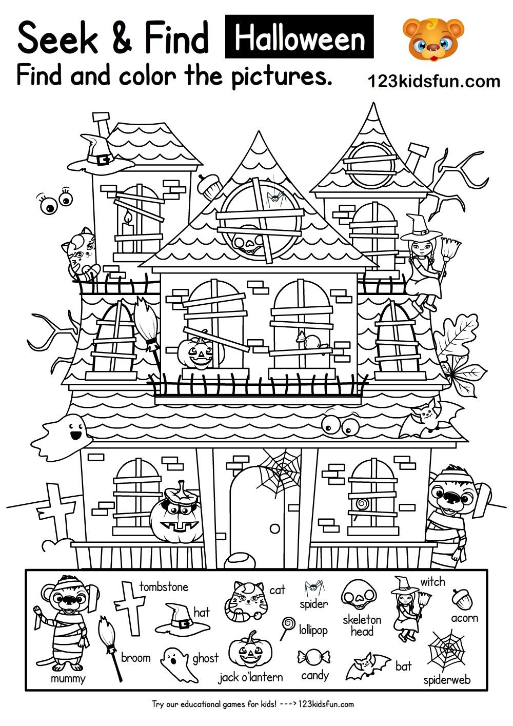 Free Haunted House Halloween Seek & Find Coloring Page for Kids | 123 Kids Fun