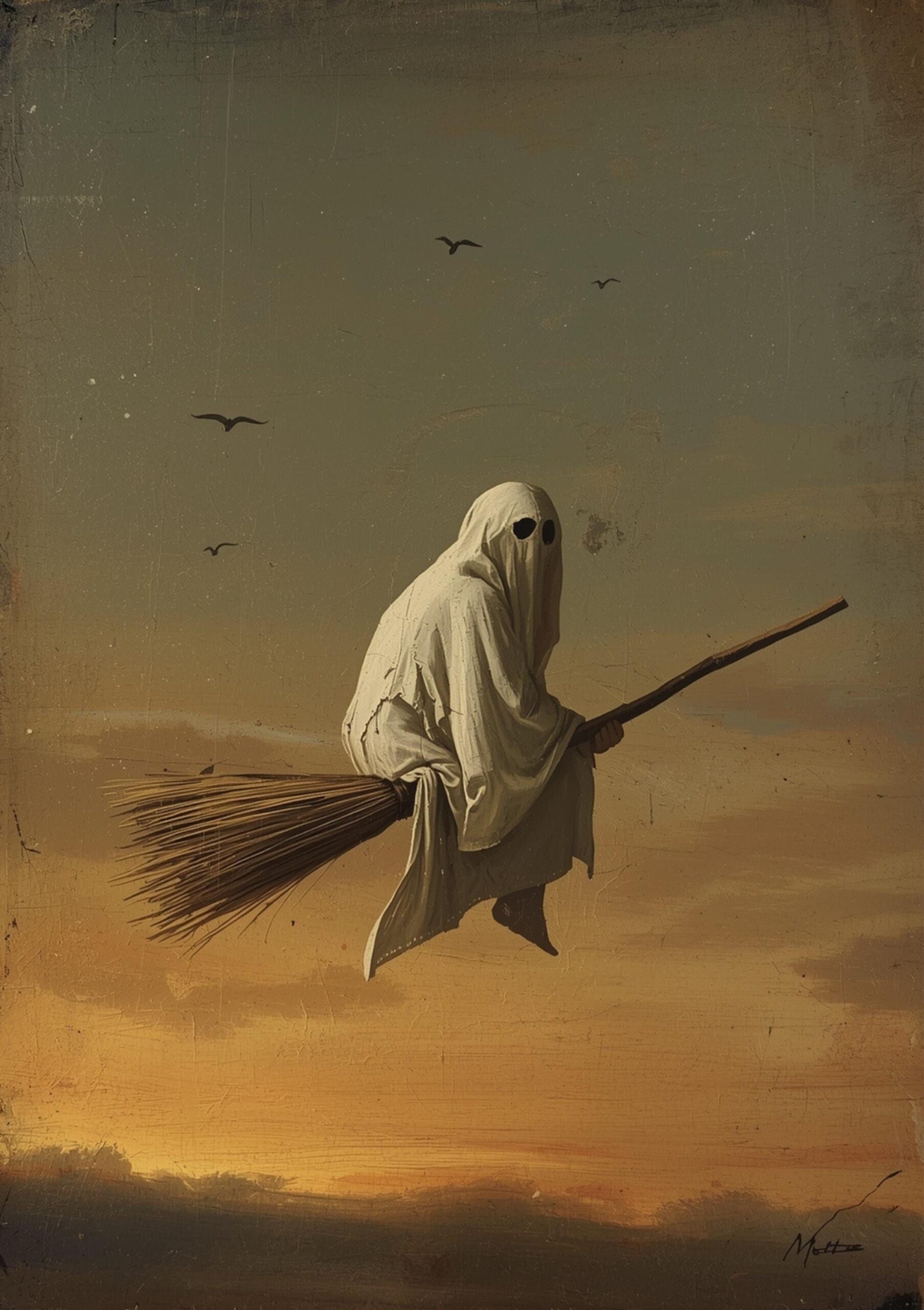 Haunted Flight Ghost Painting – Primitive Folk Art Sepia Halloween Print (Digital Download)