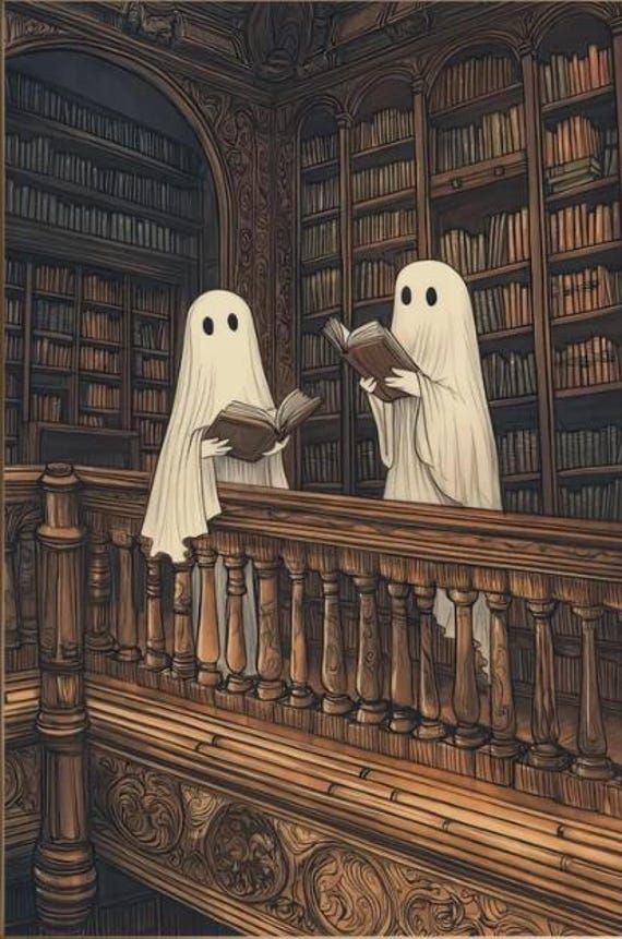 Two cute ghosts in a library print, romantic dark academia, moody cottagecore spooky decor vintage poster, gothic painting, reading ghost