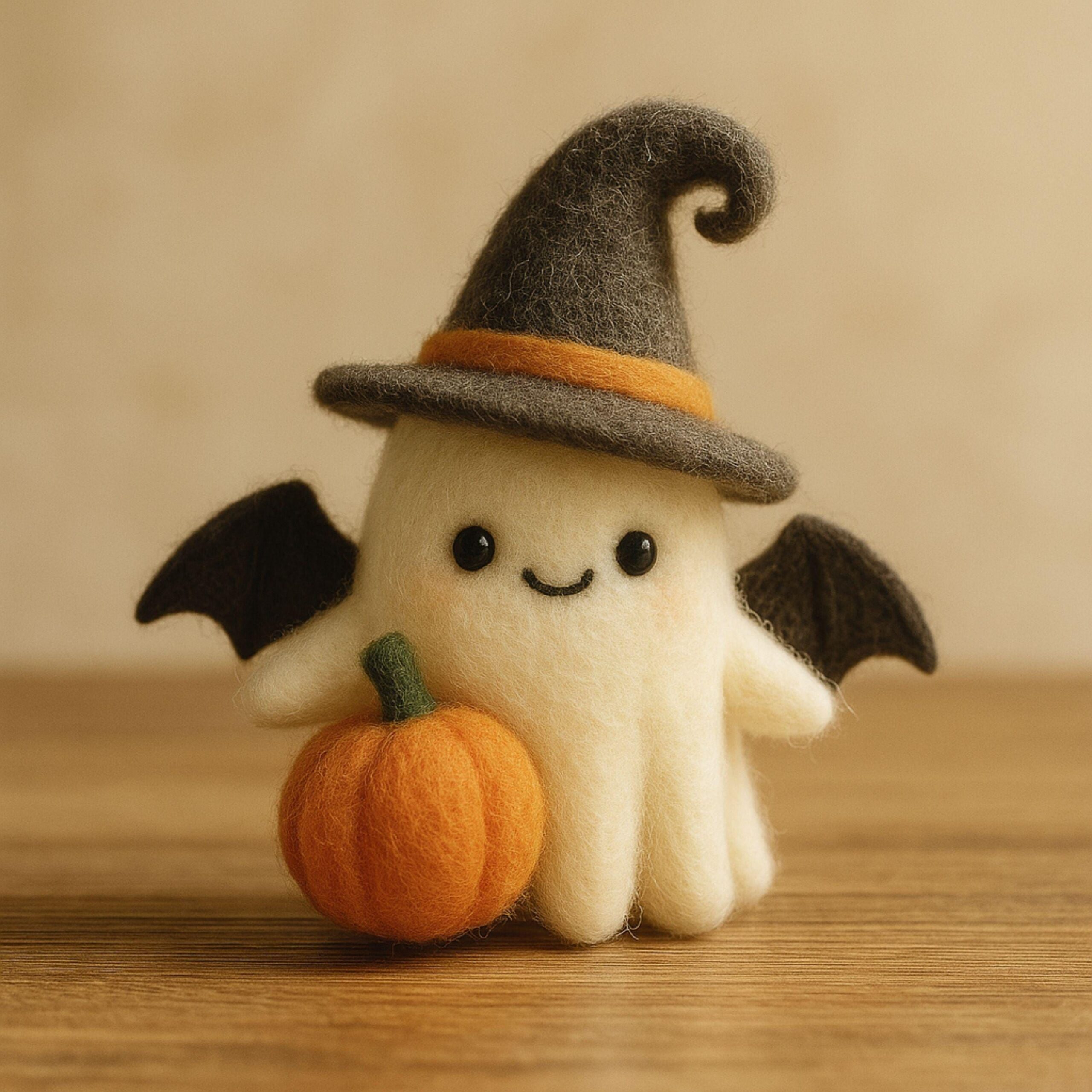 Needle-Felted Ghost with Pumpkin & Bat Wings * Handmade Wool Felt Halloween Figurine * Cute Witch Hat Decor * Spooky Autumn Cottagecore Gift