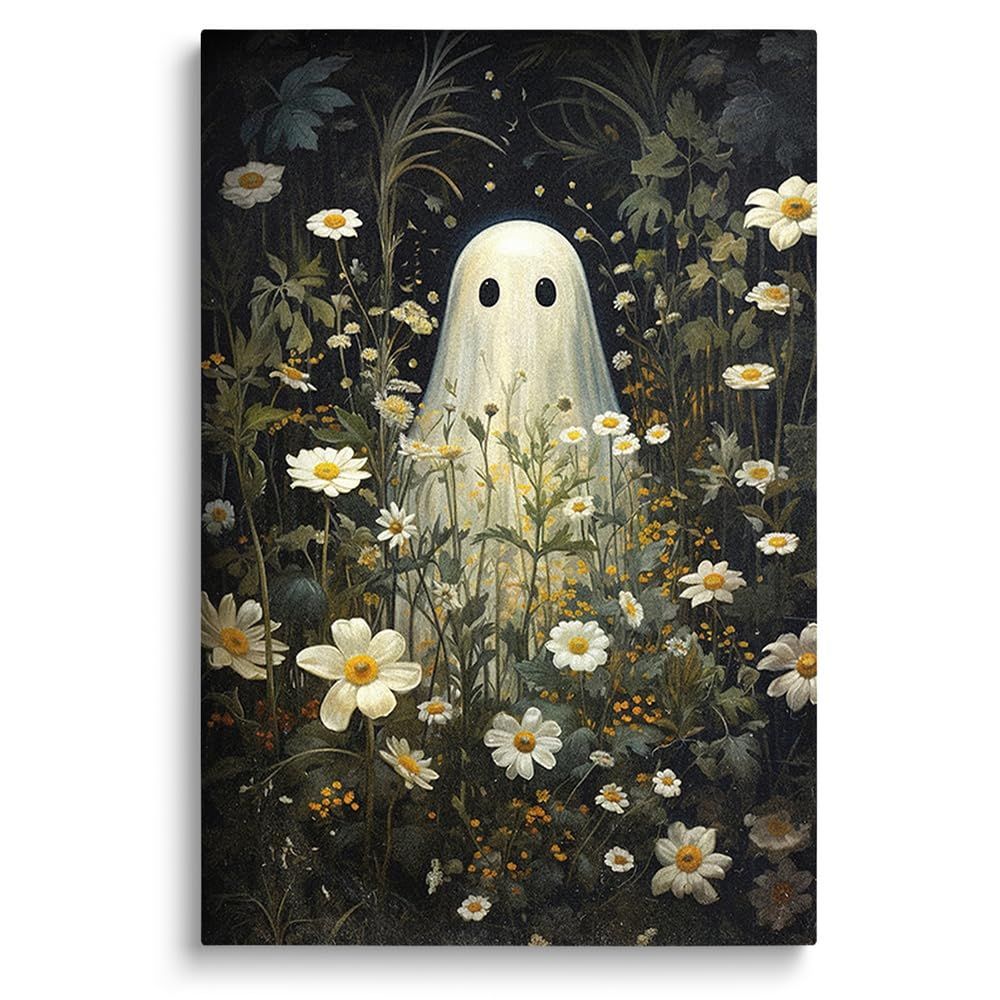 SKYSUKEY Ghost Painting, Floral Ghost Print, Dark Romantic Ghost Art Print, Halloween Ghost Decoration Wall Art, Academia Wall Art, Gothic Wall Decor, Framed Canvas, 16″x24″