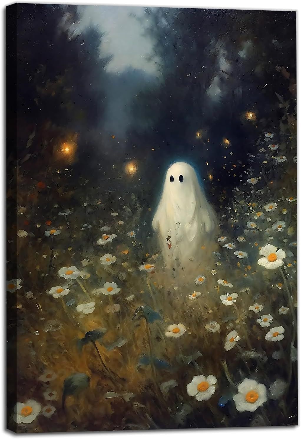 Vintage Ghost Wall Art Spooky Ghost Ghost in The Forest Wall Art Dark Forest Ghost Halloween Poster Cute Halloween Print Gothic Painting for Living Room Decor (16×24inch-Unframed,White)