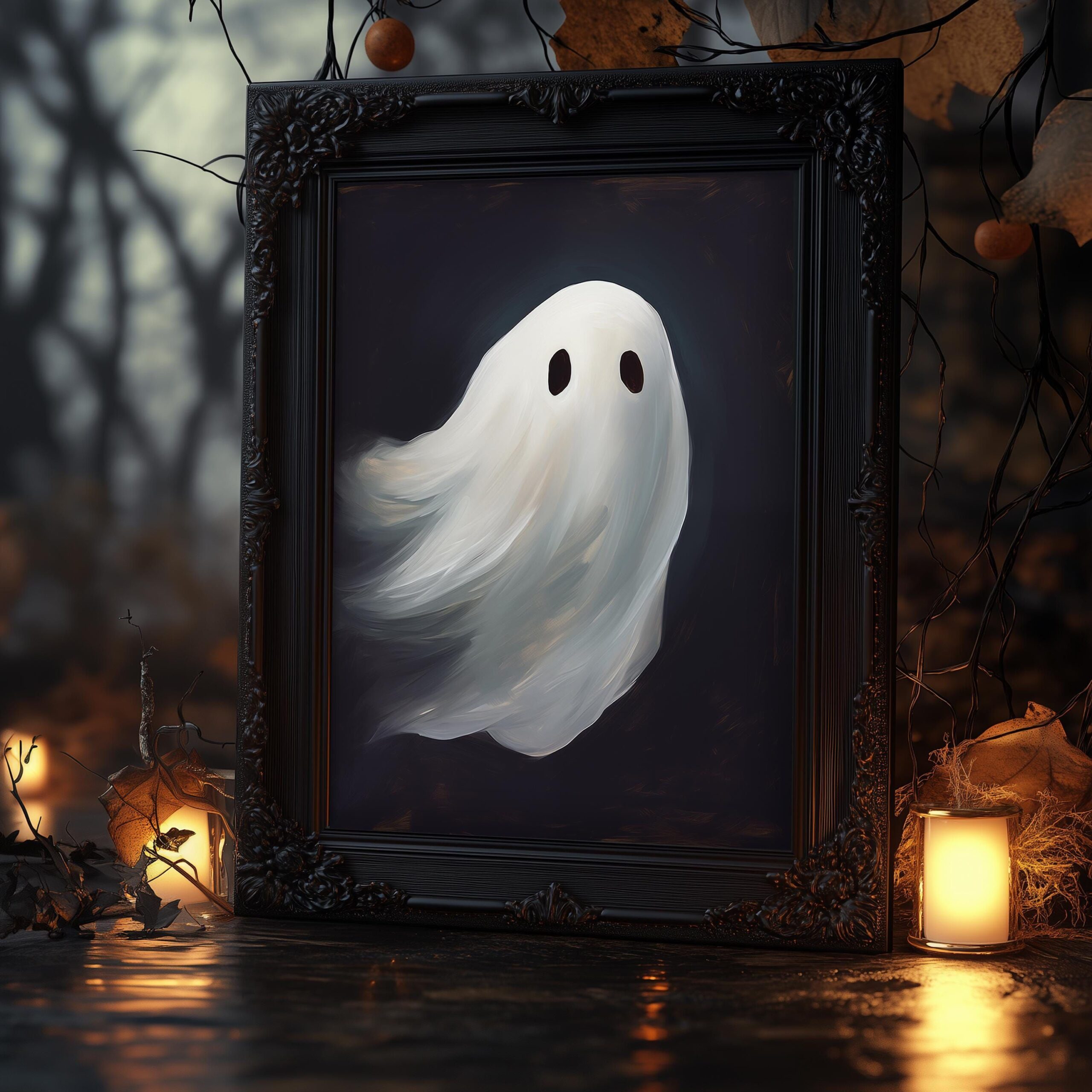 Ghost Painting PRINTABLE Art Print, Halloween Home Decor, Abstract Cute Ghost Oil Painting, Vintage Aesthetic, Dark Academia, Cottagecore