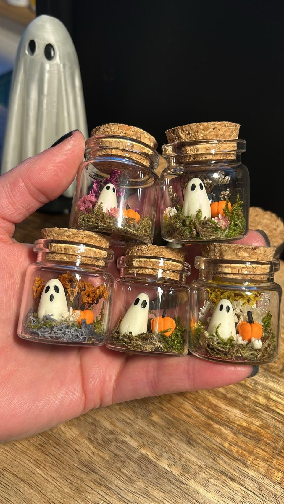 Ghost in a jar, Ghost, Pet Ghost, Mini Art, Glass dome, Glow in the Dark, Handmade, polymer clay, Halloween, Spooky