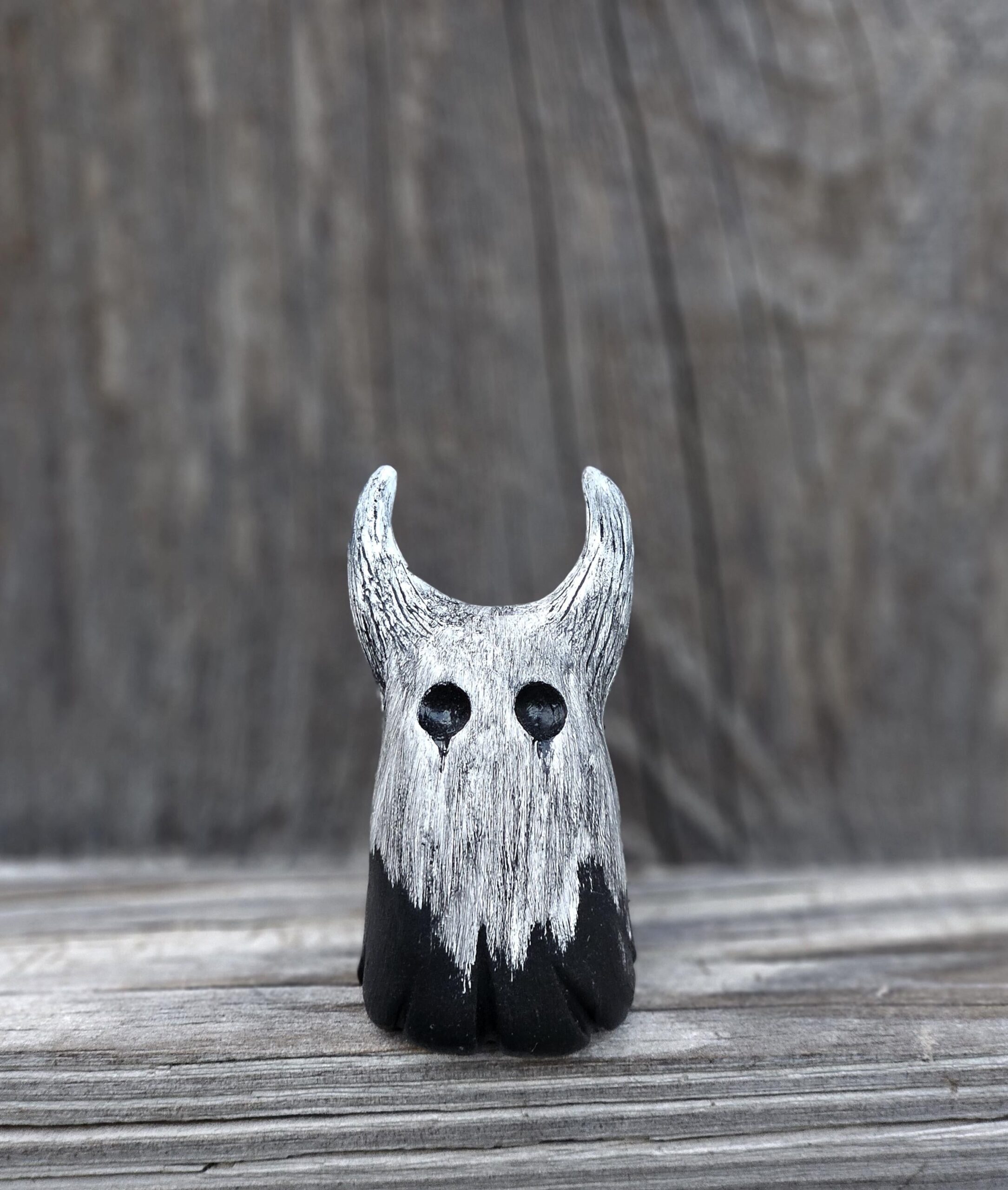 Dirty HORNED ghostie! ;) Handmade polymer clay ghost with perfect horns to keep you company and scare away bad juju!