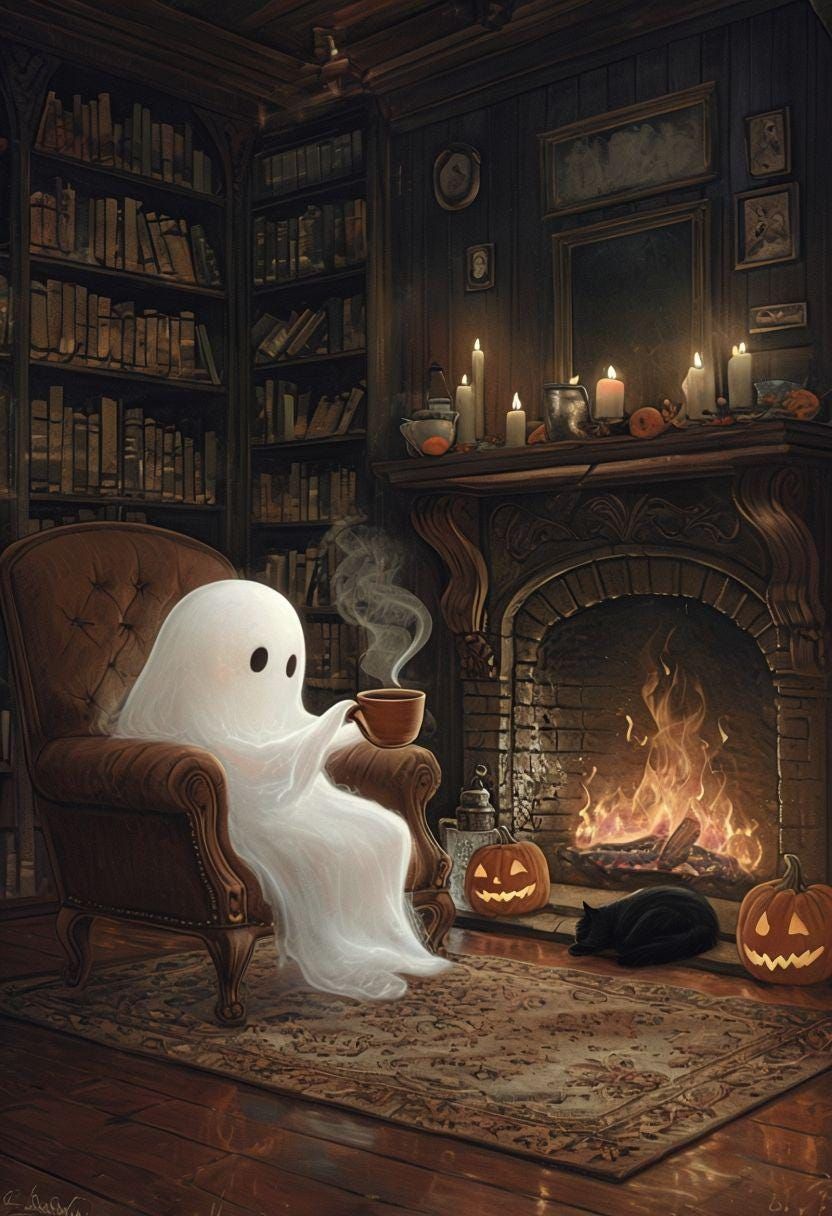 Halloween Style Cute Ghost Cozy Fireplace Cat Digital Print Wall Art