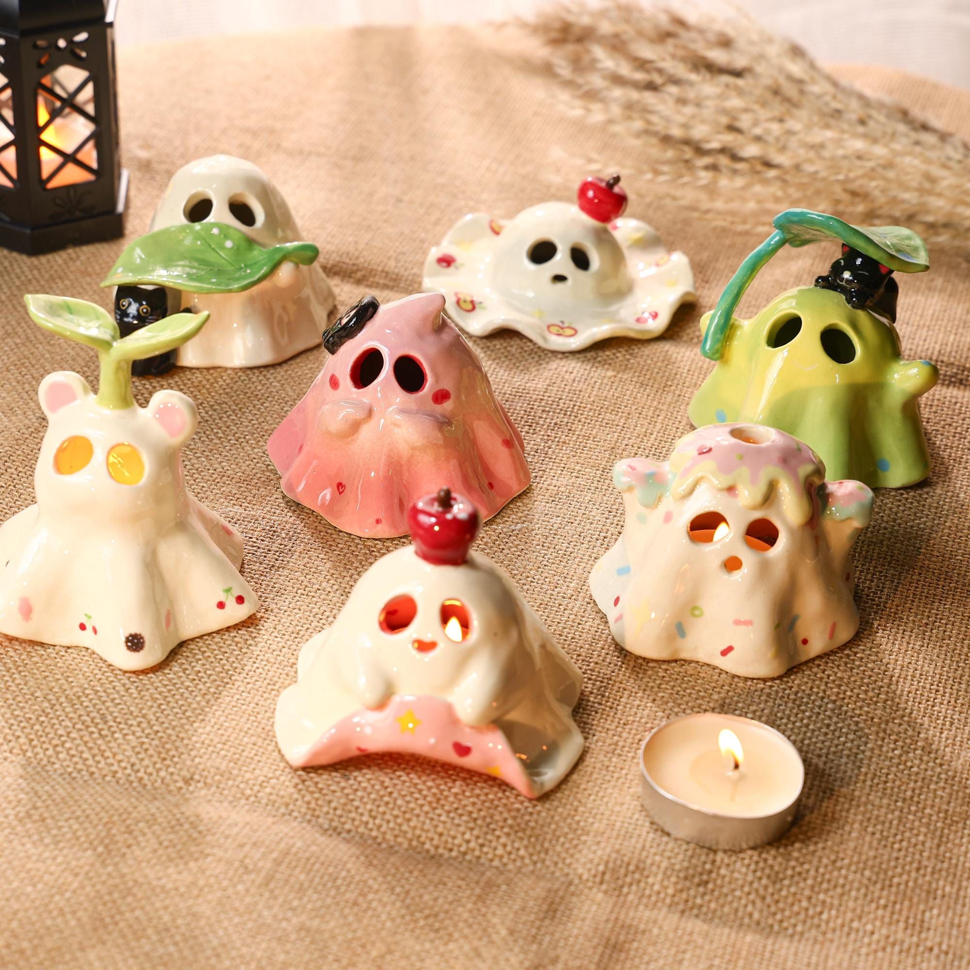 Hand Painted Ghost Ceramic Candle Holder Hadmade Halloween  Luminaries Pottery Home Decor Coquette Pink Spooky Cute Figurine Trick or Treat