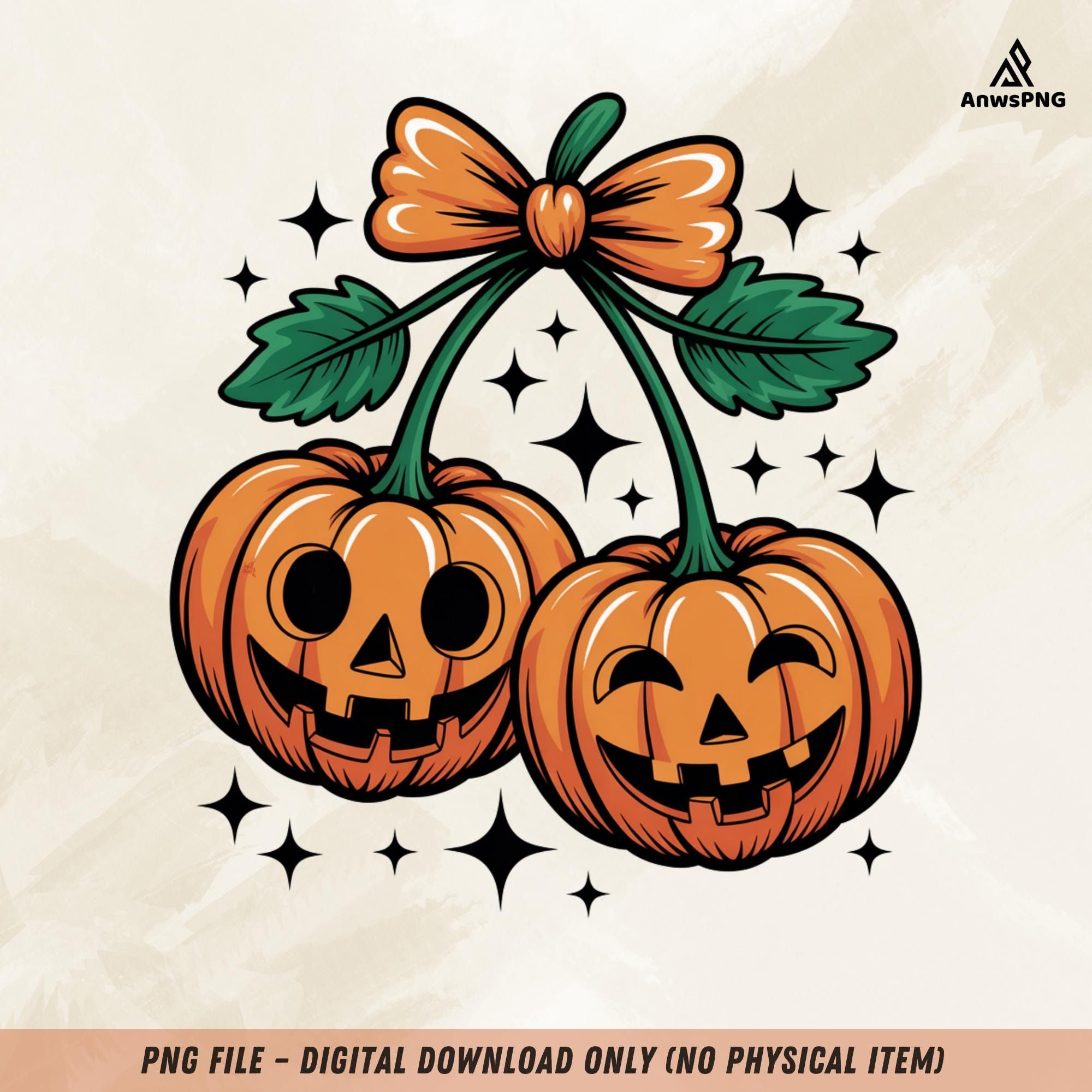 Citrouille cerises PNG, Clipart fruits d’Halloween, sublimation de citrouille mignonne, art d’Halloween kawaii, conception effrayante de cerise, paire de citrouille d’automne