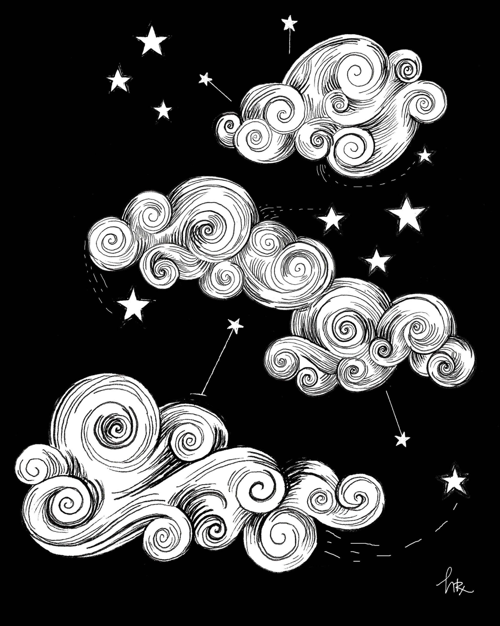 Die Wolken – Lenormand Illustration Hexerei Magie Magie okkulte himmlische Natur magische Wolken Sterne wirbelt