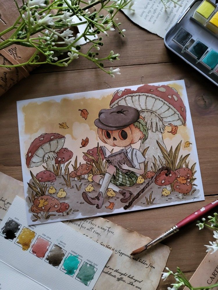 Whimsical Jack Pumpkin Head Boy in Cottagecore Fall Art – 5×7 Ghoulish Gouache Print