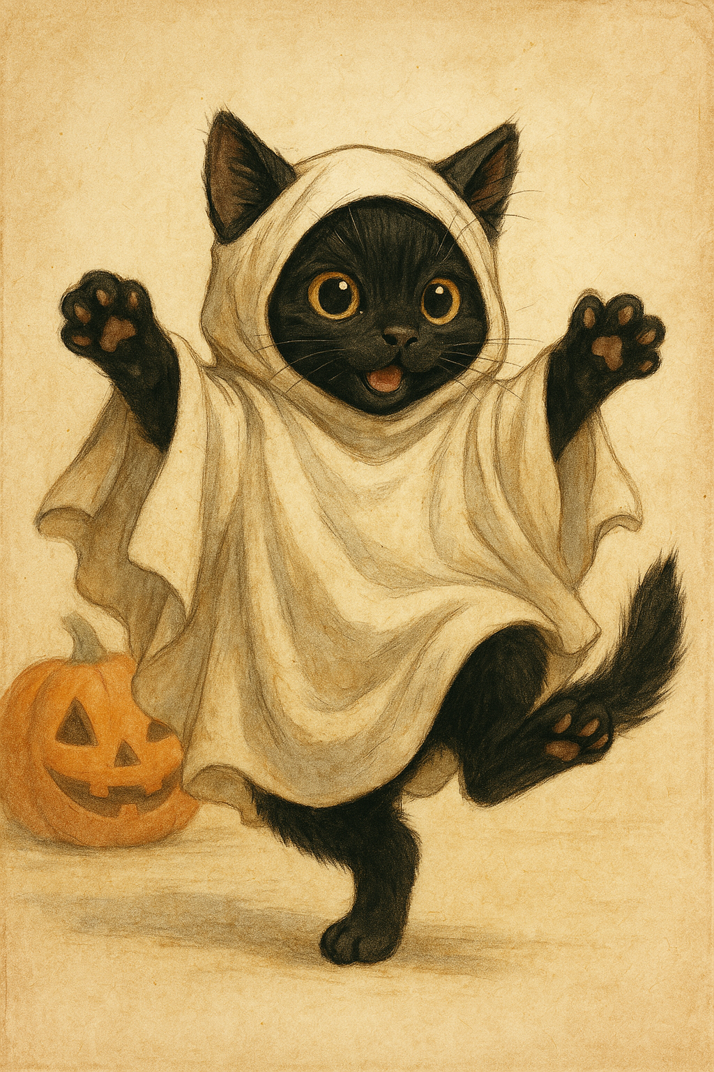 Halloween Black Cat, Ghost Cat – Vintage Cute Illustration
