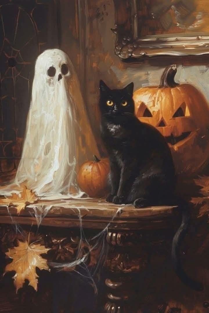 Gothic Ghost & Black Cat and Jack-O-Lantern Halloween 7×10 Cotton Crafting FABRIC Block