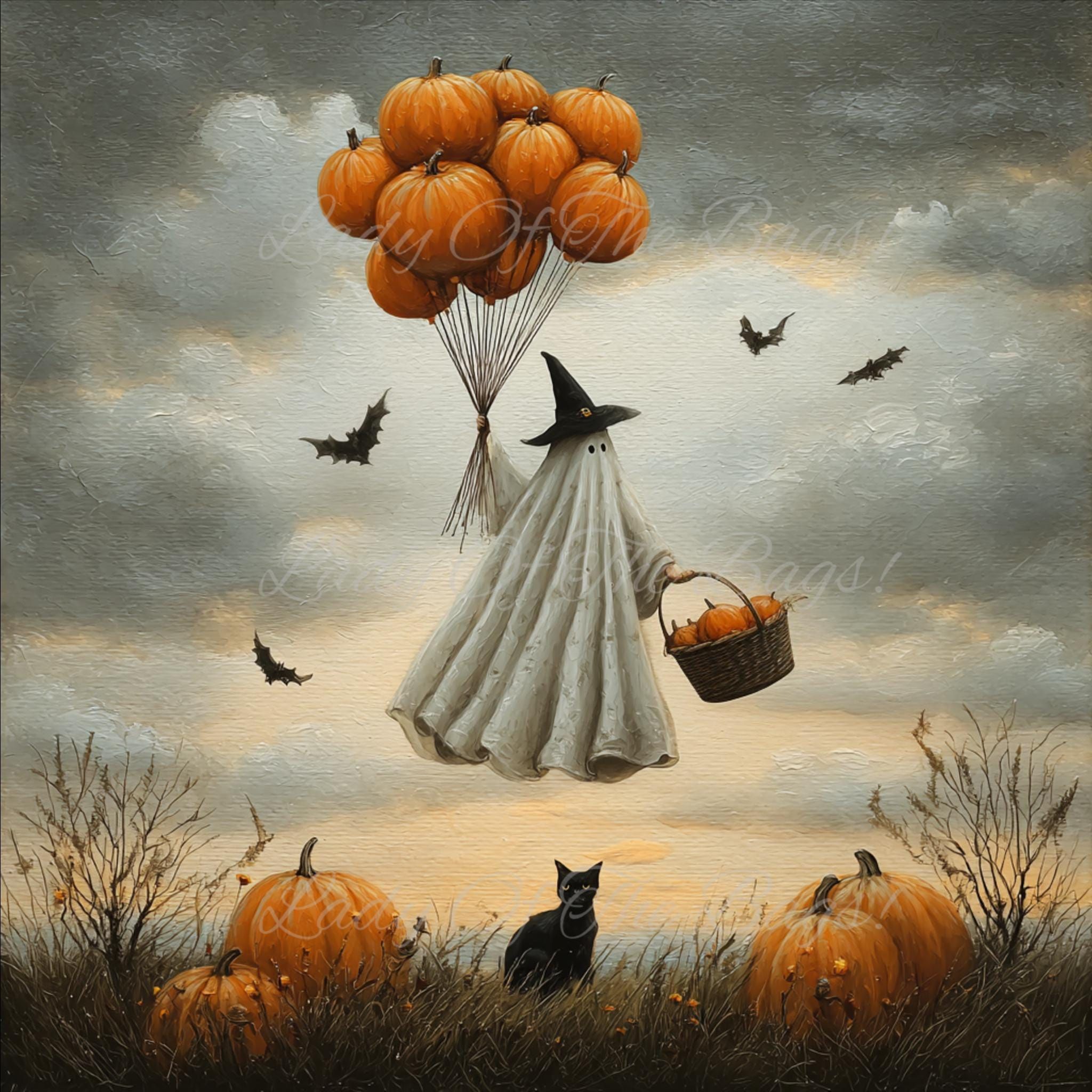 Impression fantaisiste de fantômes d’Halloween : art populaire de ballons citrouilles (téléchargement numérique)