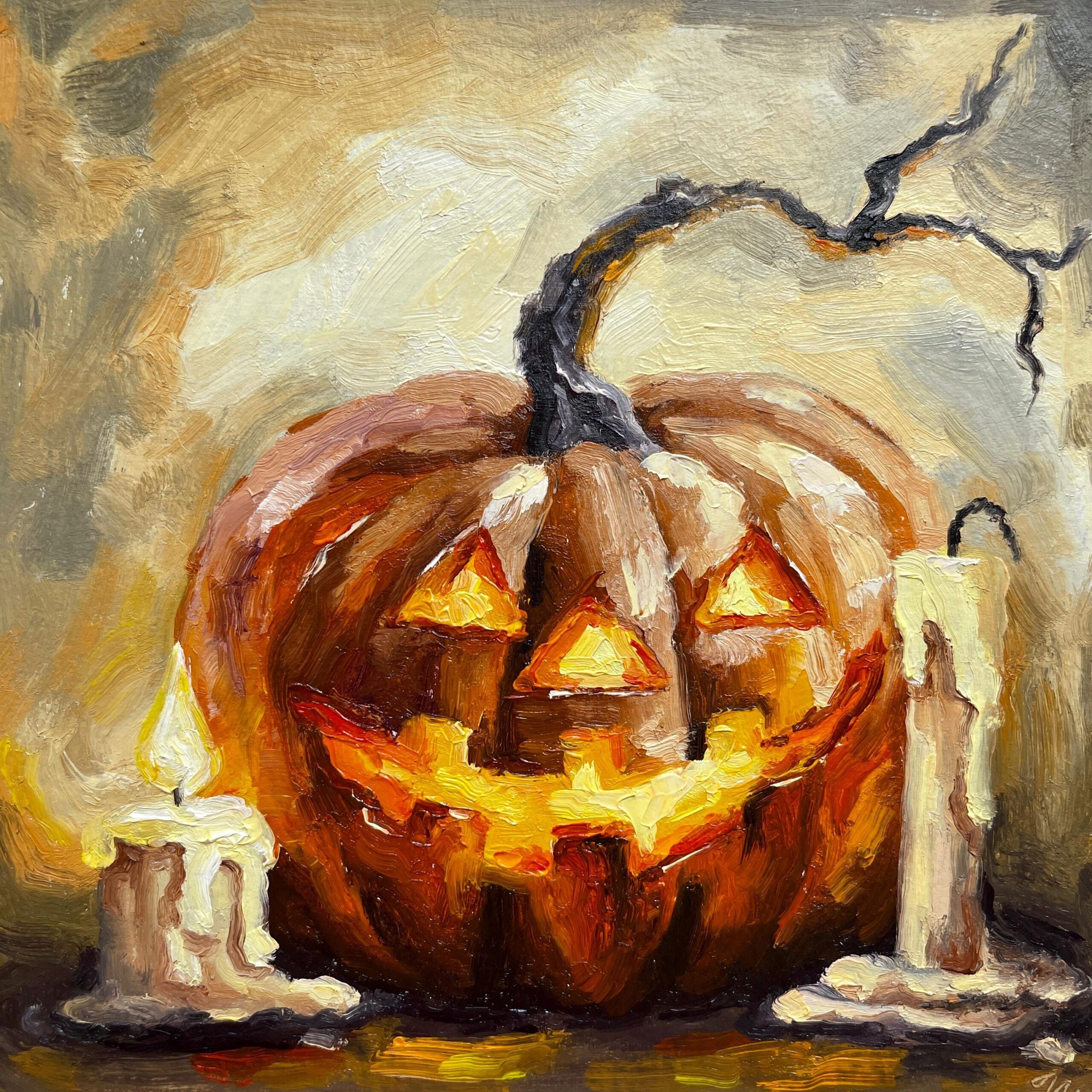Pumpkin Oil Painting Halloween Pumpkin Impasto Original Art Candles Painting Food Original Fine Artwork Halloween Decor Gift 6×6