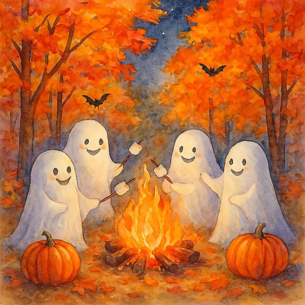 Aquarell Halloween-Geist Clip Art, Marshmallow Kochen, Herbstlaub Kartenherstellung, Digitaler Download, Halloween-Party, Kinder Basteln, PNG