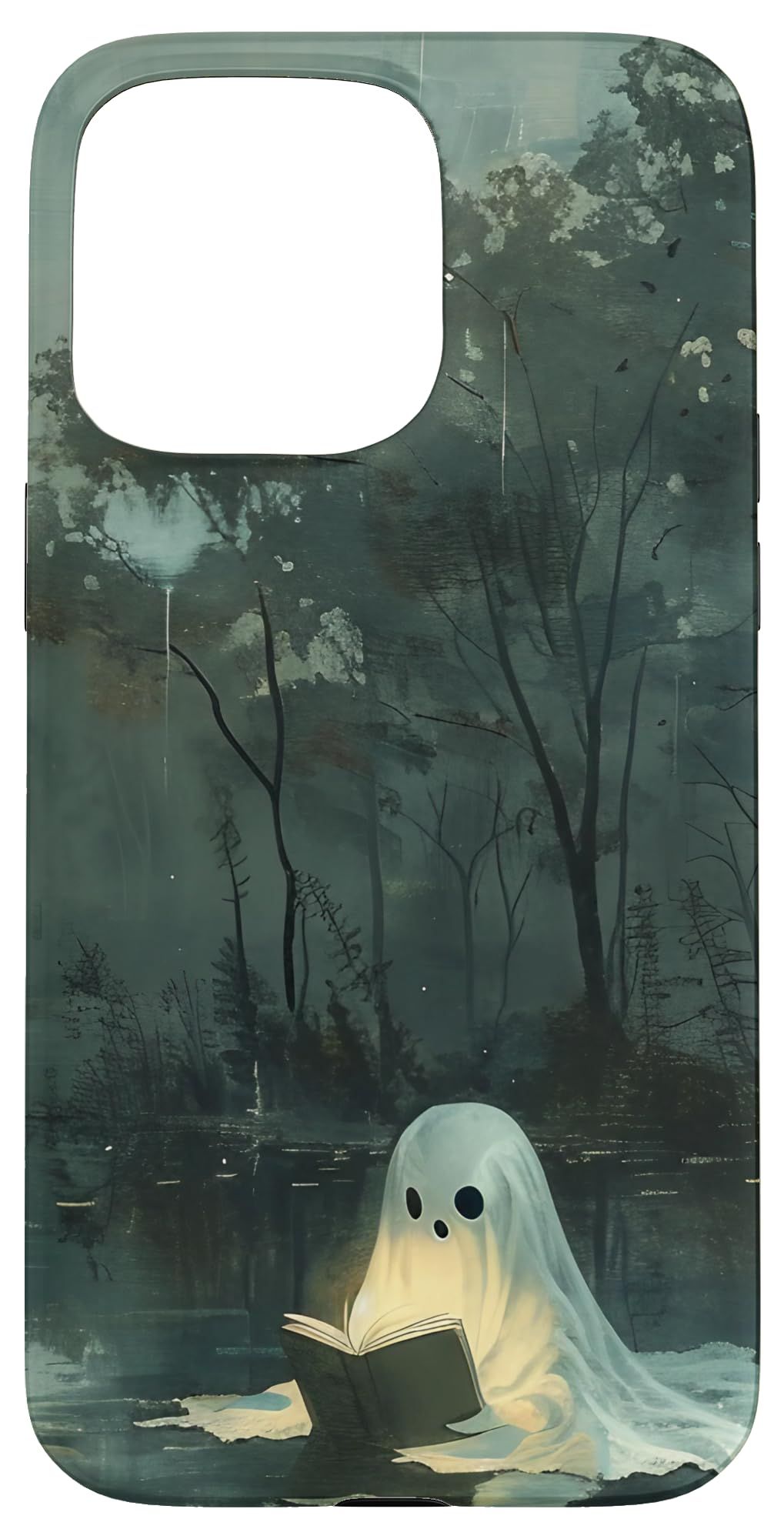 iPhone 15 Pro Max Spooky Ghost Reading In A Lake Vintage Aesthetic Green Case